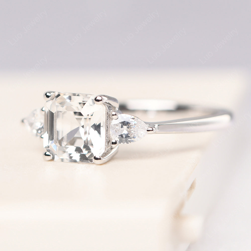 Asscher Cut White Topaz Ring With Pear Side Stone - LUO Jewelry