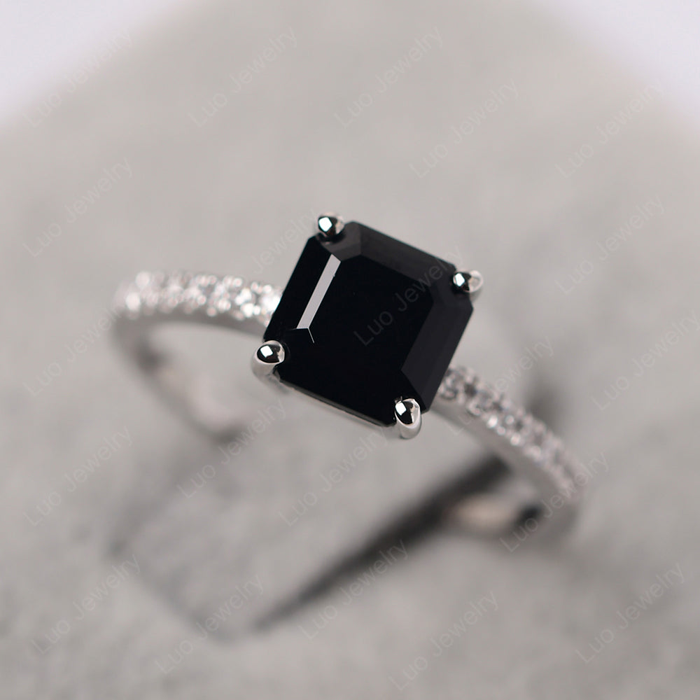 Asscher Cut Engagement Ring Black Stone Ring - LUO Jewelry