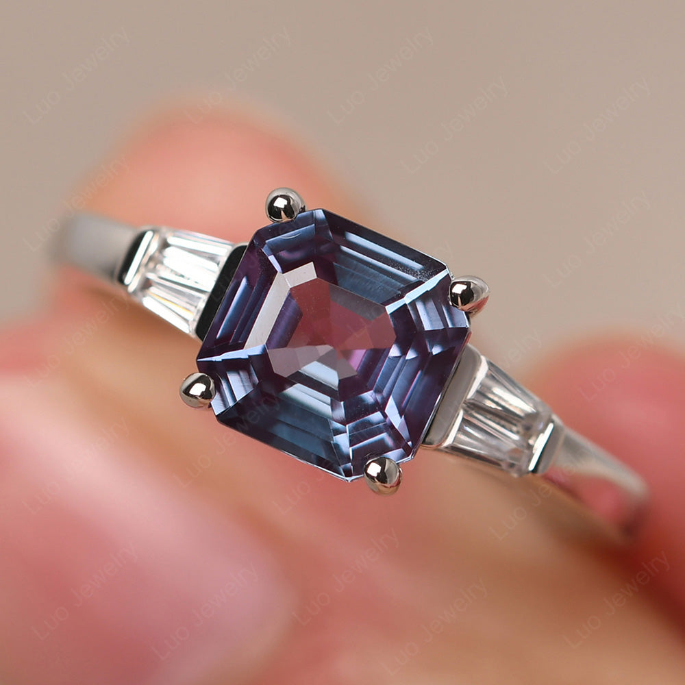 Asscher Cut Alexandrite Engagement Rings With Baguettes - LUO Jewelry