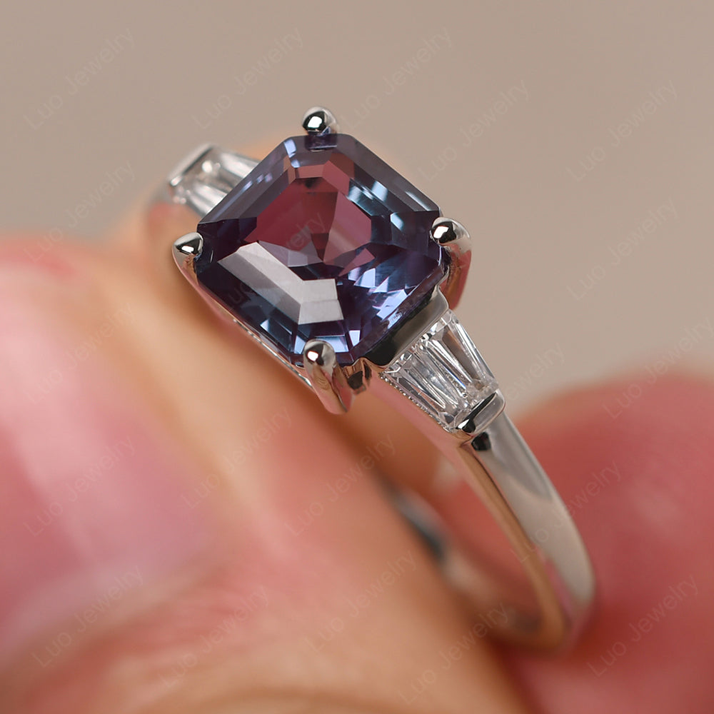 Asscher Cut Alexandrite Engagement Rings With Baguettes - LUO Jewelry