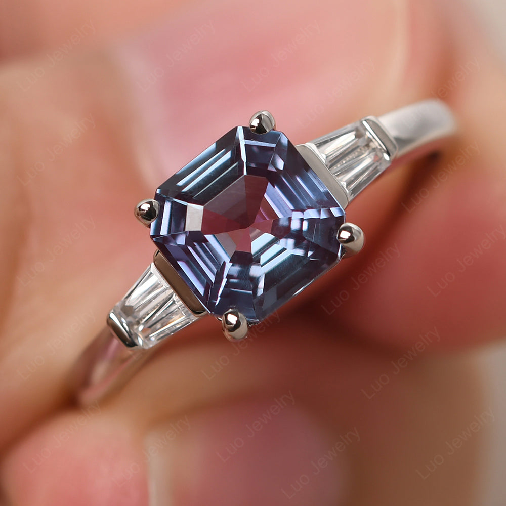 Asscher Cut Alexandrite Engagement Rings With Baguettes - LUO Jewelry