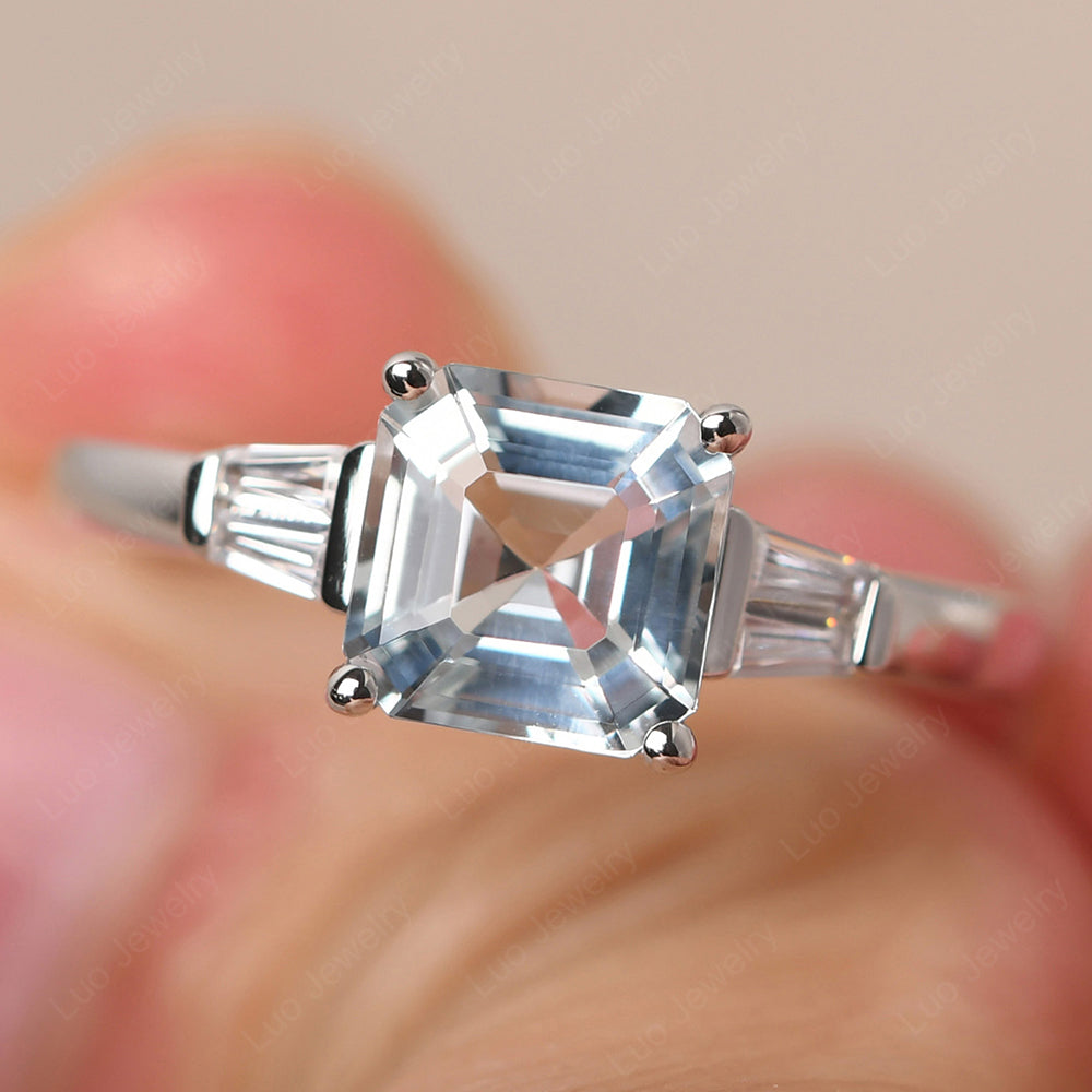 Asscher Cut Aquamarine Engagement Rings With Baguettes - LUO Jewelry