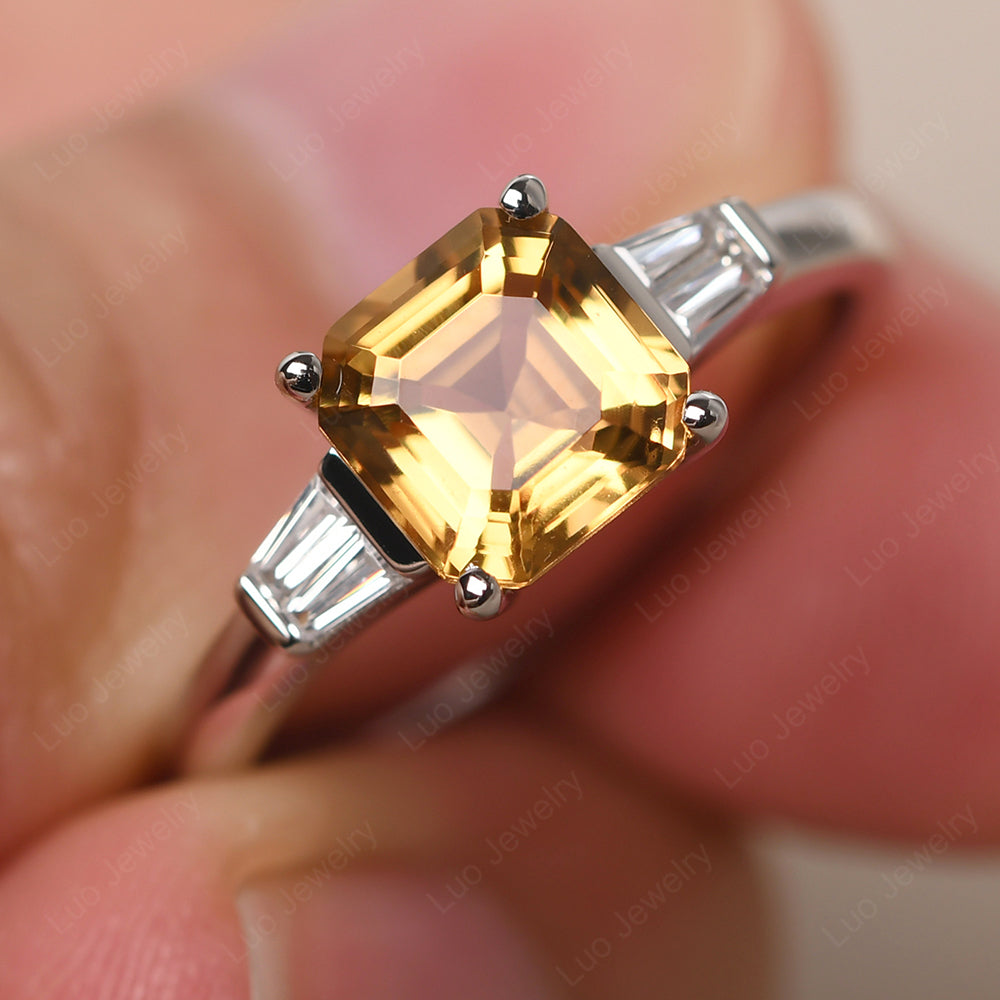 Asscher Cut Citrine Engagement Rings With Baguettes - LUO Jewelry