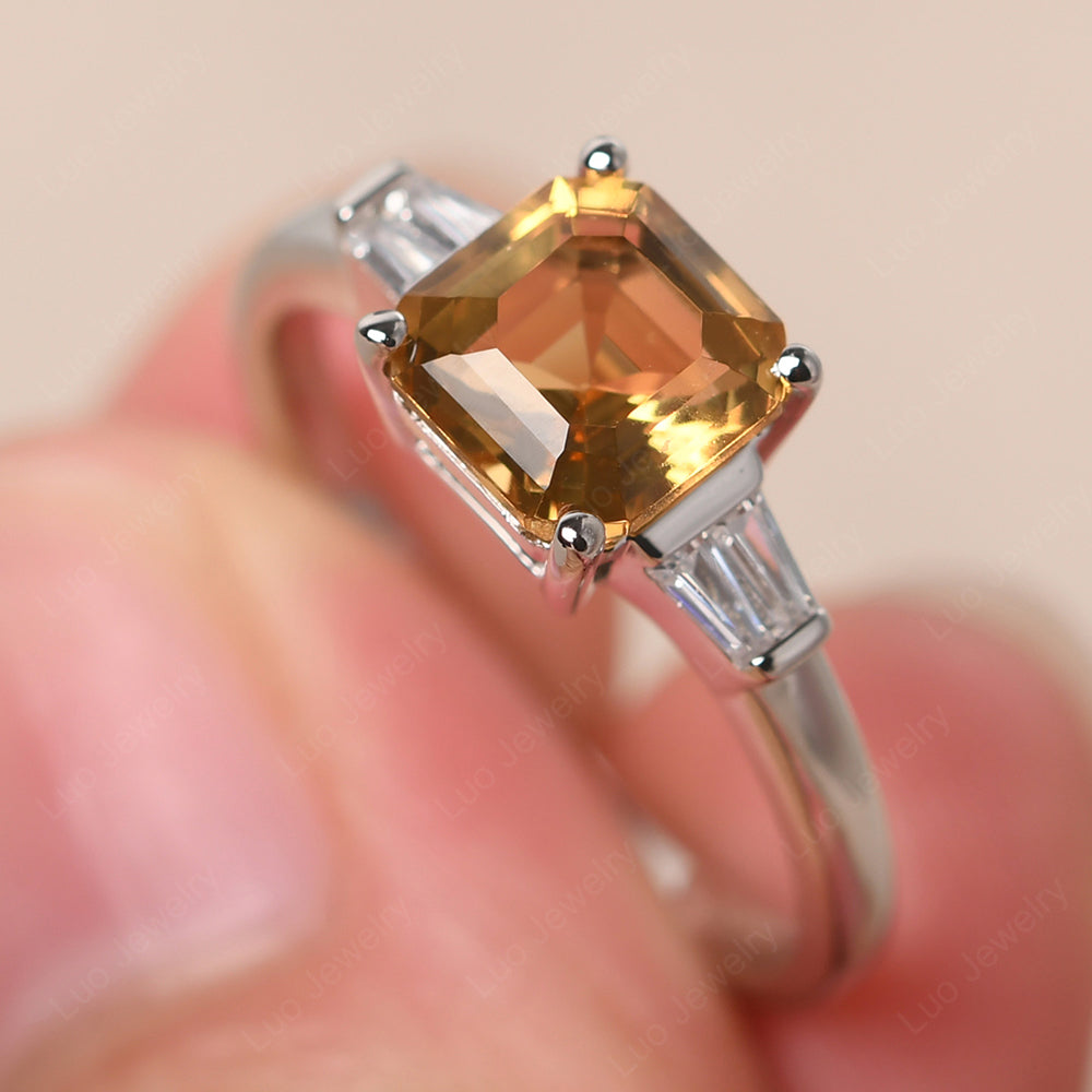 Asscher Cut Citrine Engagement Rings With Baguettes - LUO Jewelry