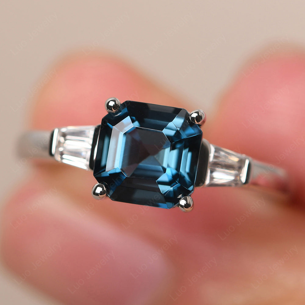 Asscher Cut London Blue Topaz Engagement Rings With Baguettes - LUO Jewelry