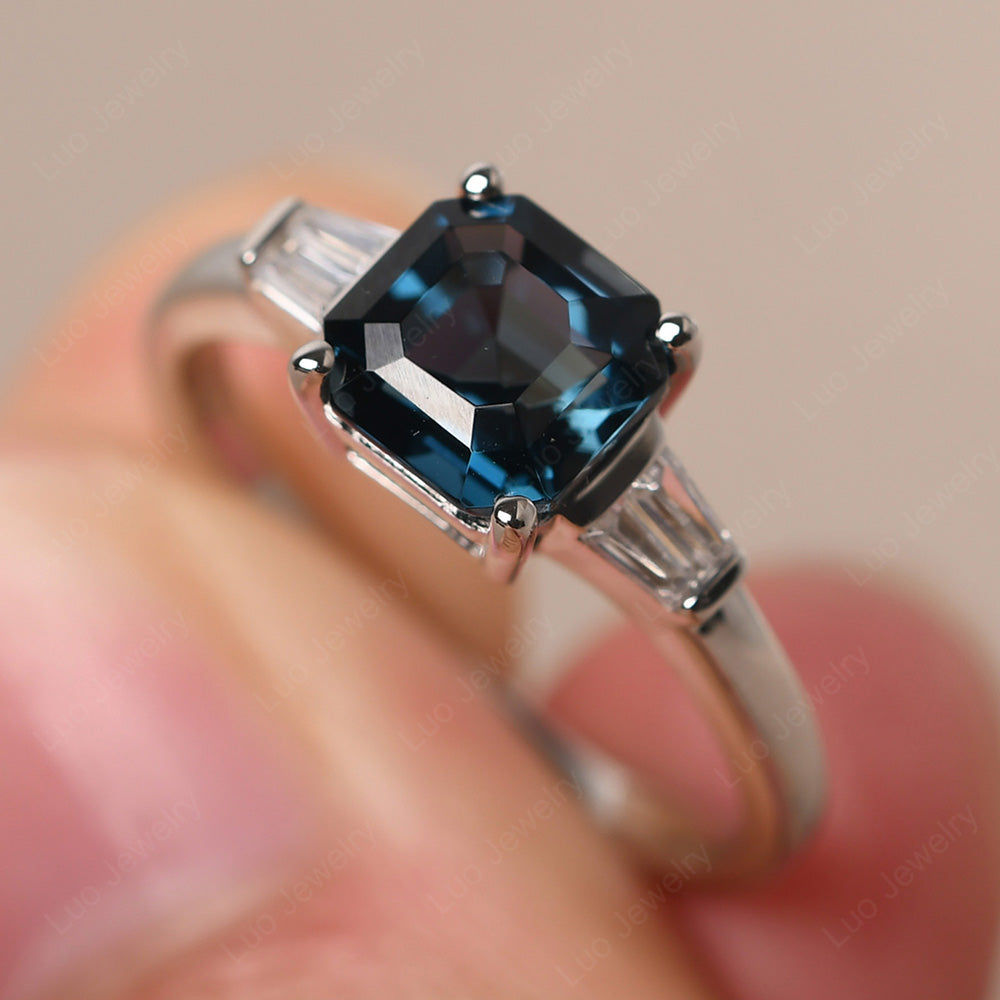 Asscher Cut London Blue Topaz Engagement Rings With Baguettes - LUO Jewelry