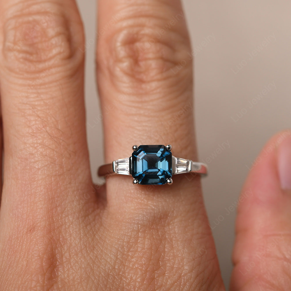 Asscher Cut London Blue Topaz Engagement Rings With Baguettes - LUO Jewelry