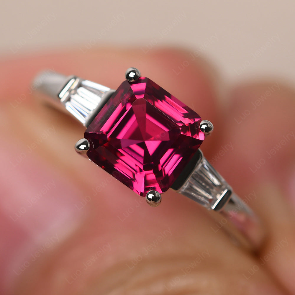 Asscher Cut Ruby Engagement Rings With Baguettes - LUO Jewelry