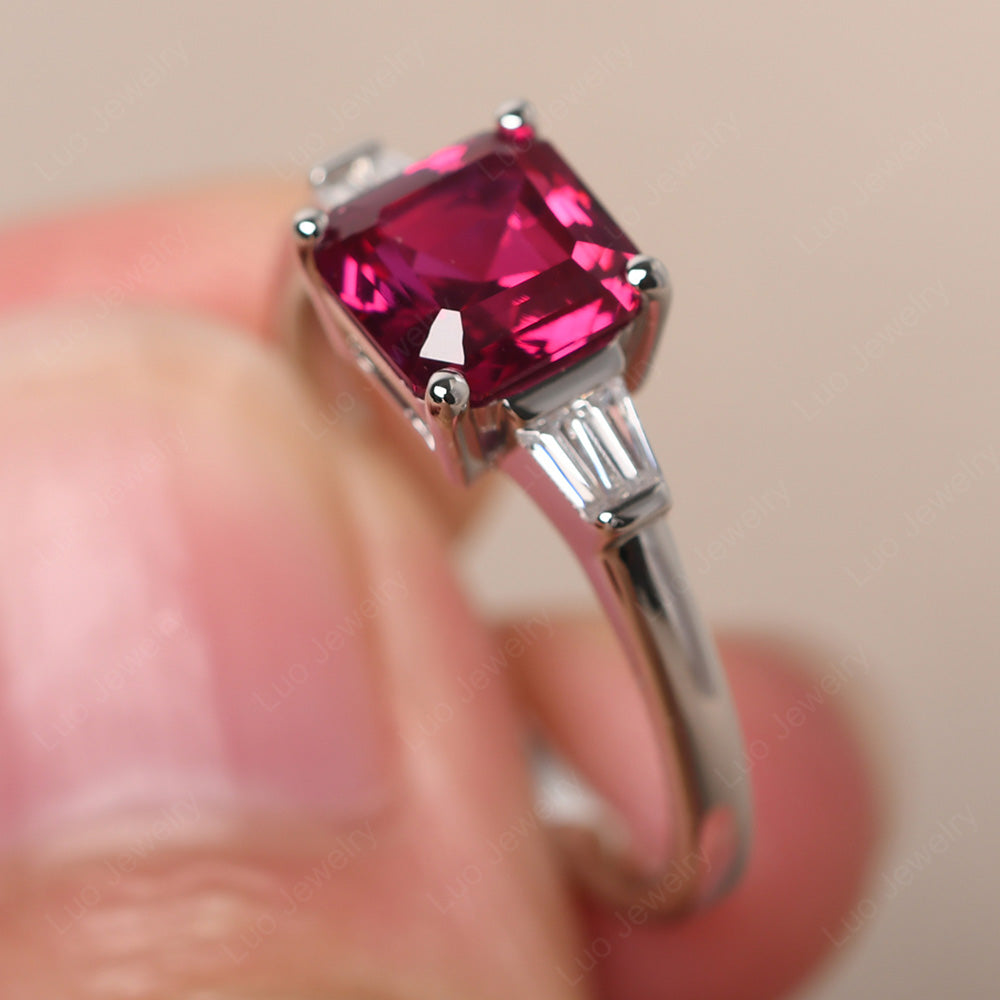 Asscher Cut Ruby Engagement Rings With Baguettes - LUO Jewelry