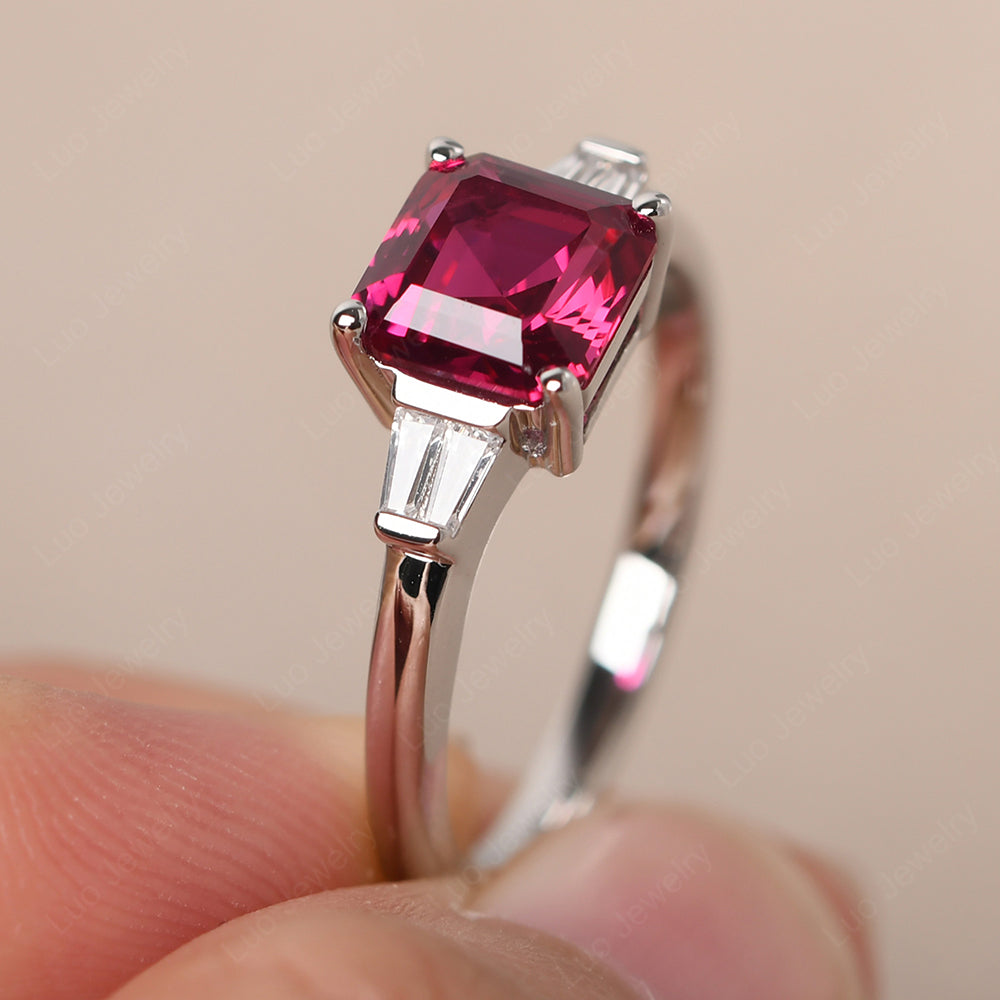 Asscher Cut Ruby Engagement Rings With Baguettes - LUO Jewelry