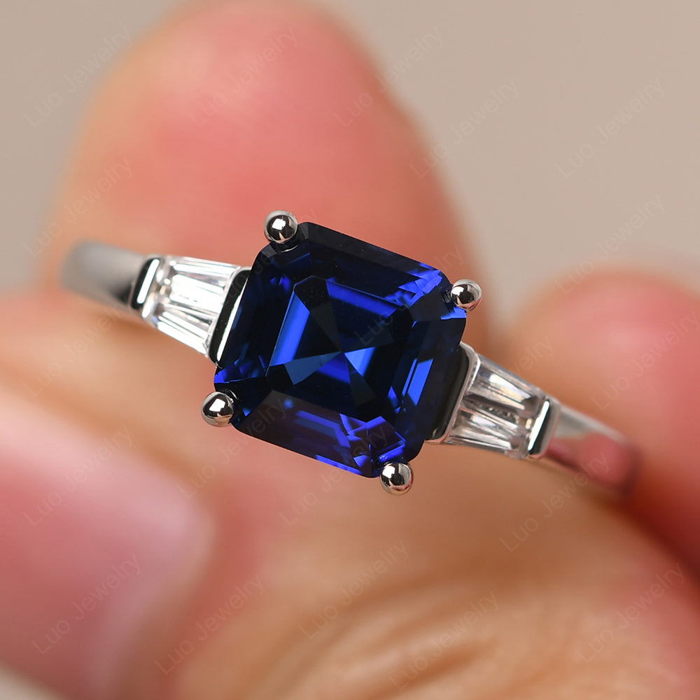 Asscher Cut Lab Sapphire Engagement Rings With Baguettes - LUO Jewelry