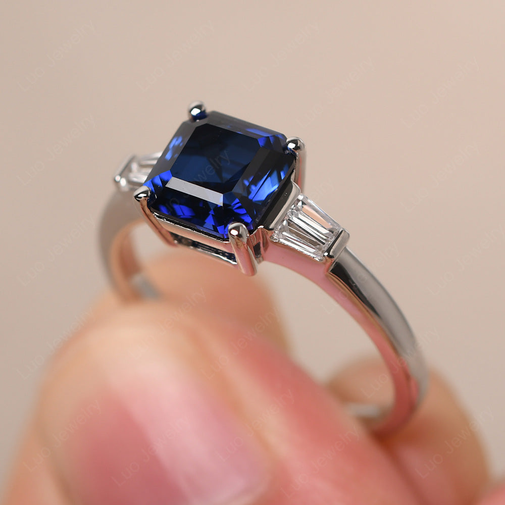 Asscher Cut Lab Sapphire Engagement Rings With Baguettes - LUO Jewelry