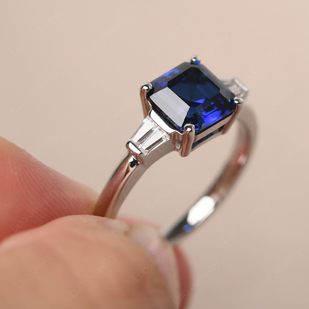 Asscher Cut Lab Sapphire Engagement Rings With Baguettes - LUO Jewelry