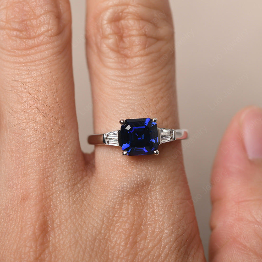 Asscher Cut Lab Sapphire Engagement Rings With Baguettes - LUO Jewelry