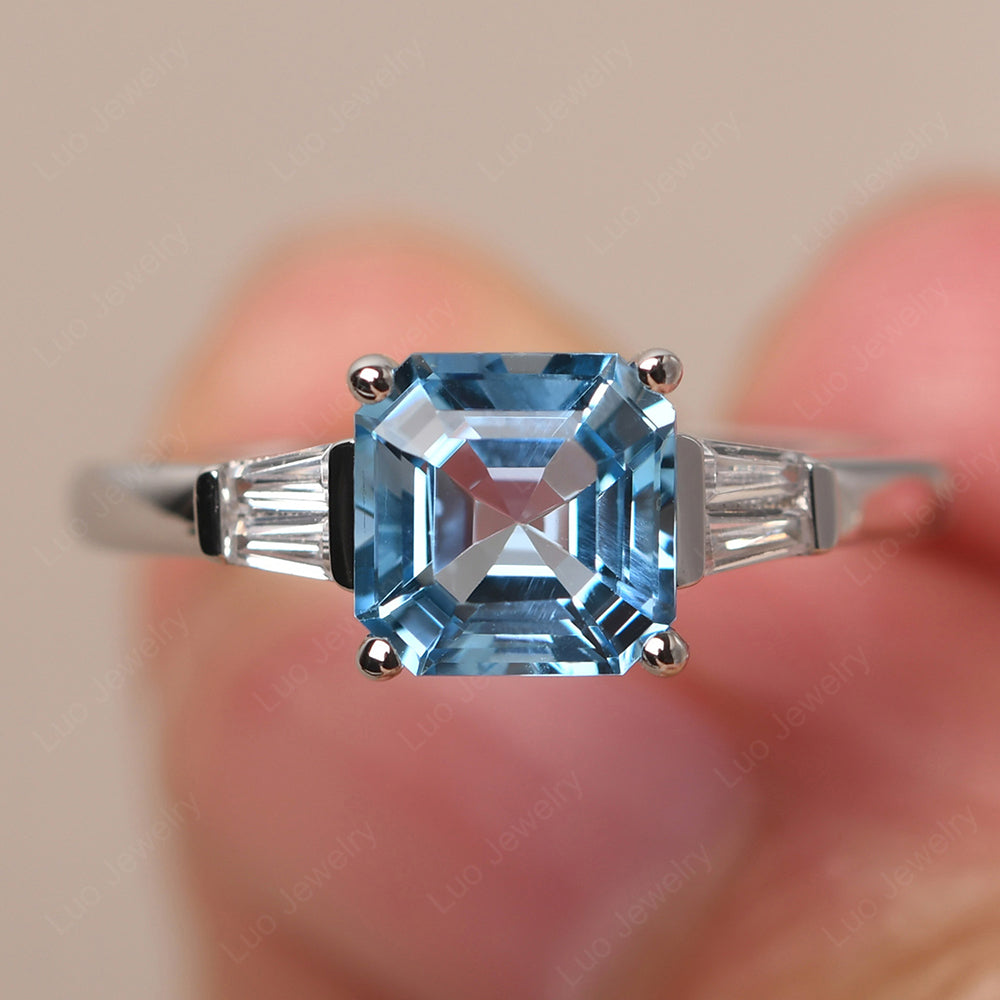 Asscher Cut Swiss Blue Topaz Engagement Rings With Baguettes - LUO Jewelry