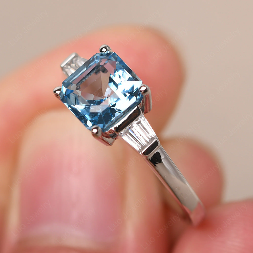 Asscher Cut Swiss Blue Topaz Engagement Rings With Baguettes - LUO Jewelry