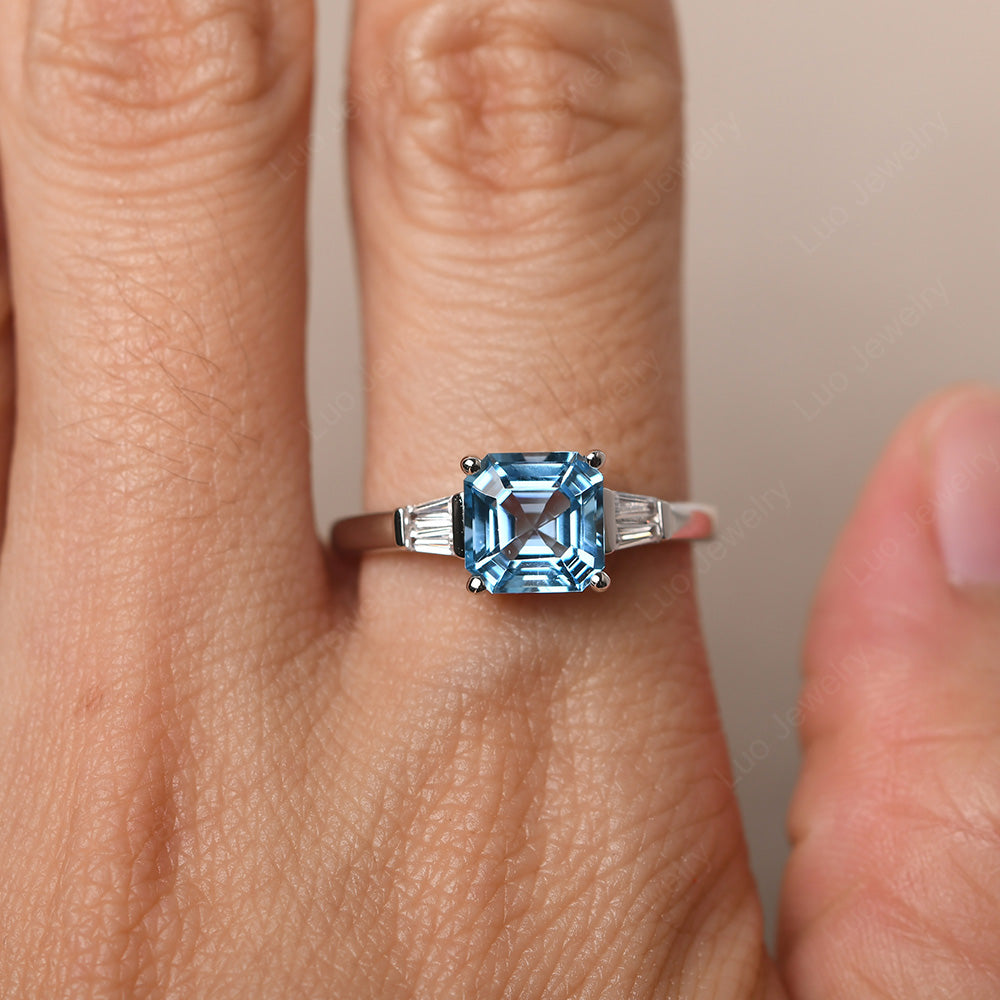 Asscher Cut Swiss Blue Topaz Engagement Rings With Baguettes - LUO Jewelry