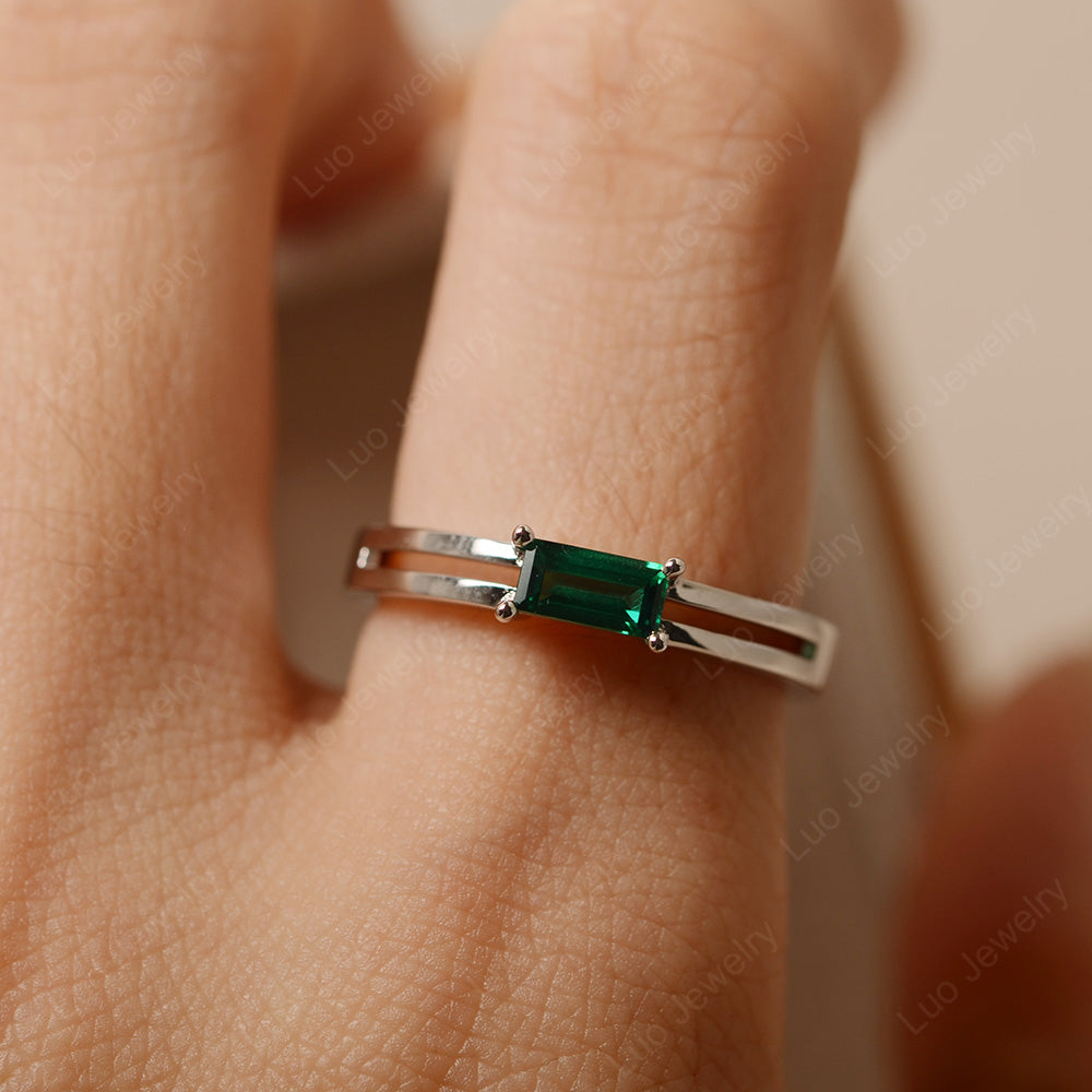 Horizontal Baguette Lab Emerald Solitaire Ring - LUO Jewelry
