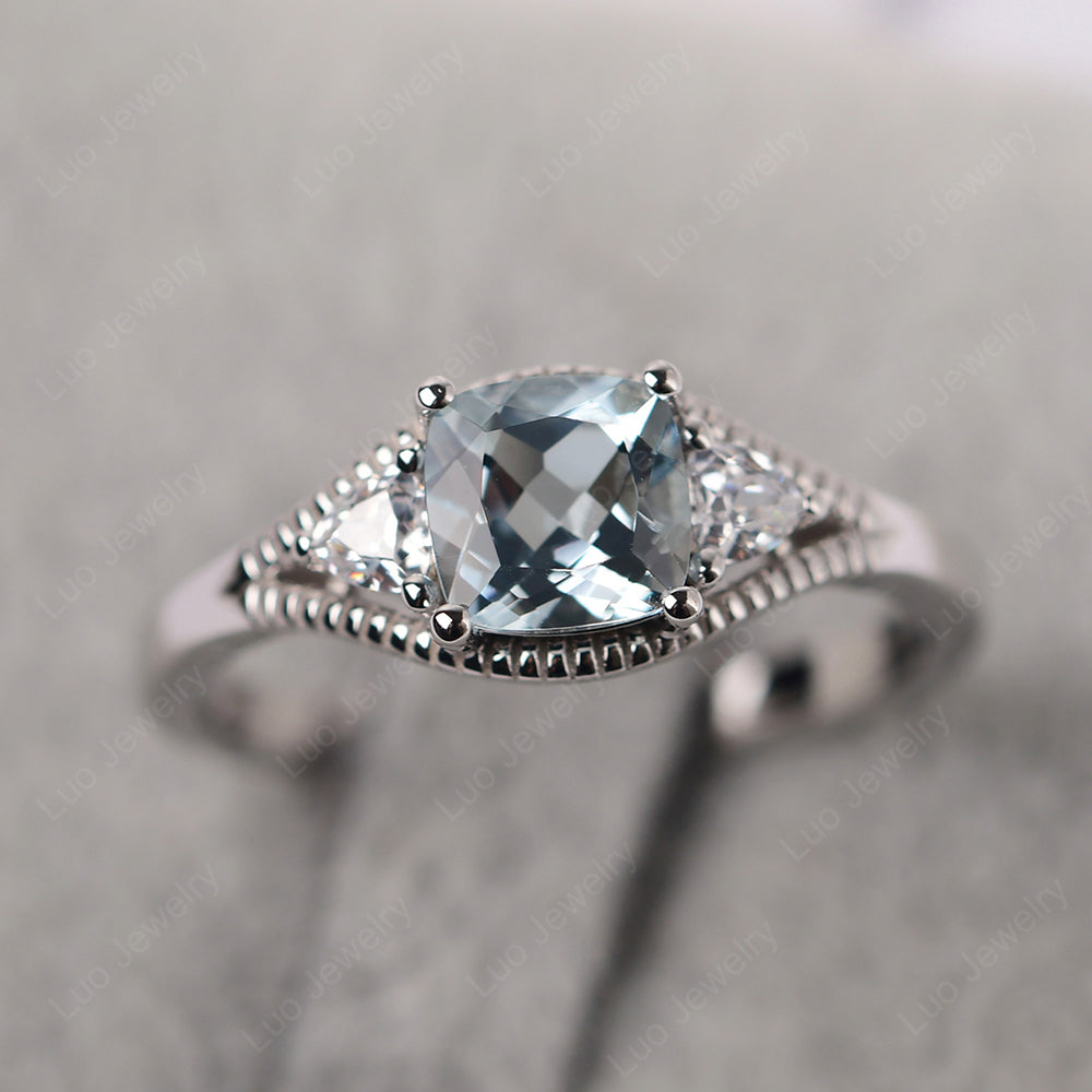 Vintage Aquamarine Ring With Trillion Side Stone - LUO Jewelry