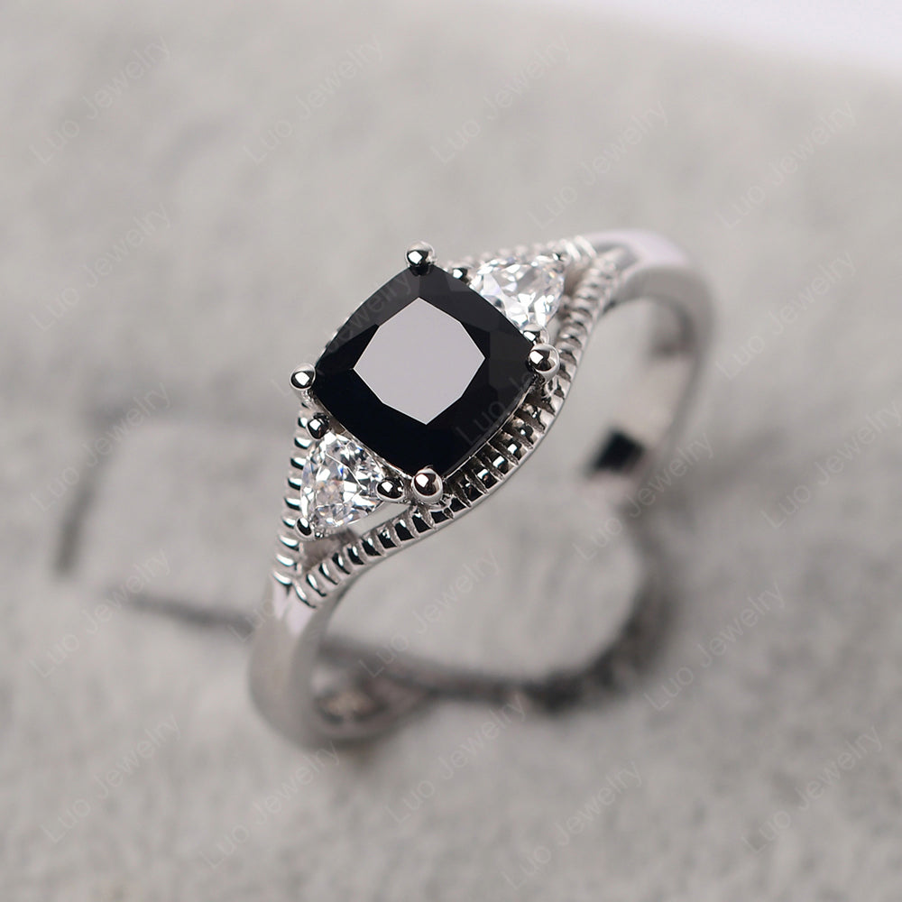 Vintage Black Stone Ring With Trillion Side Stone - LUO Jewelry
