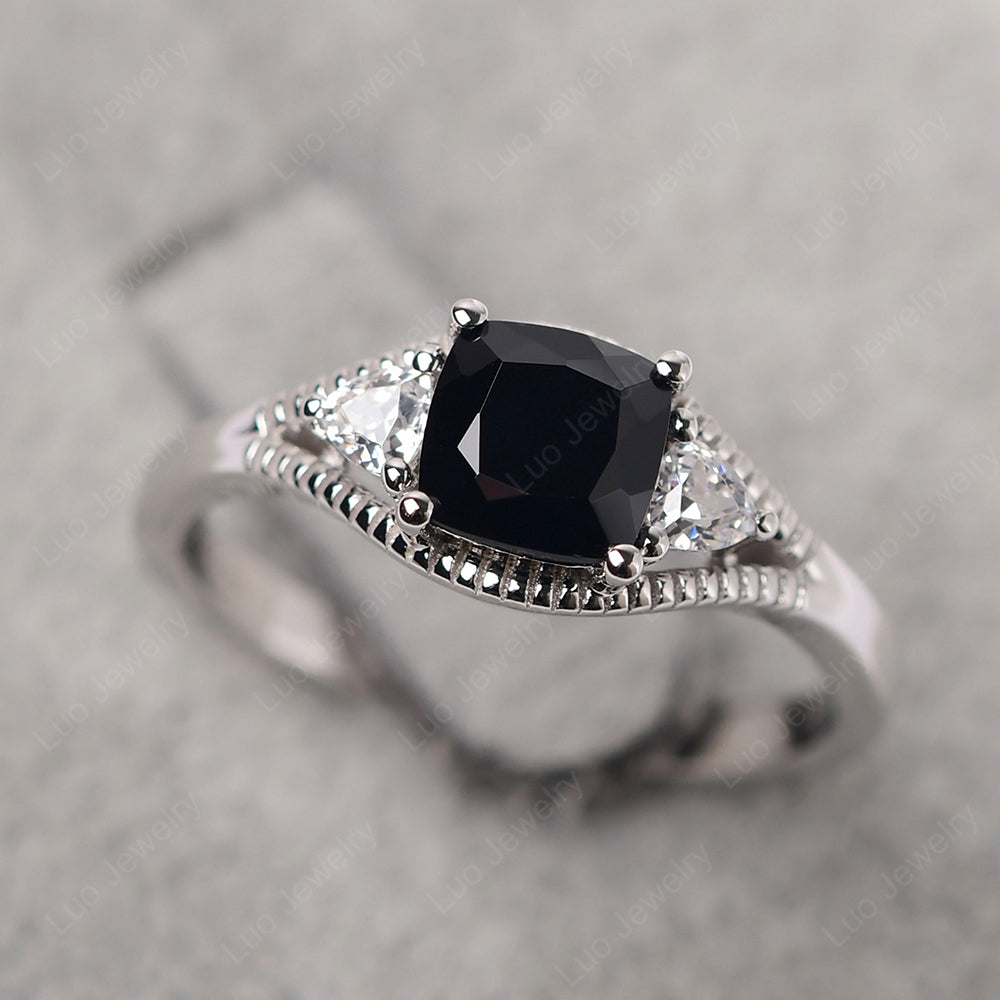 Vintage Black Stone Ring With Trillion Side Stone - LUO Jewelry