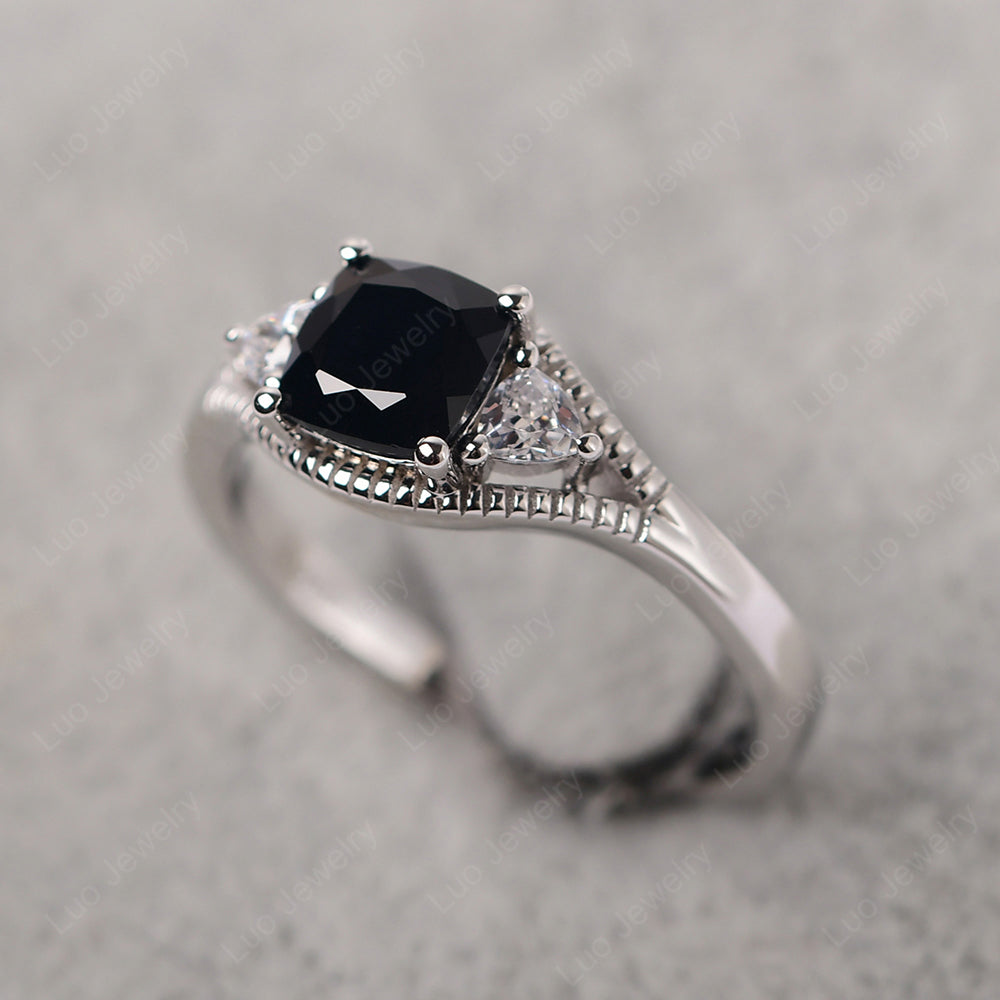 Vintage Black Stone Ring With Trillion Side Stone - LUO Jewelry