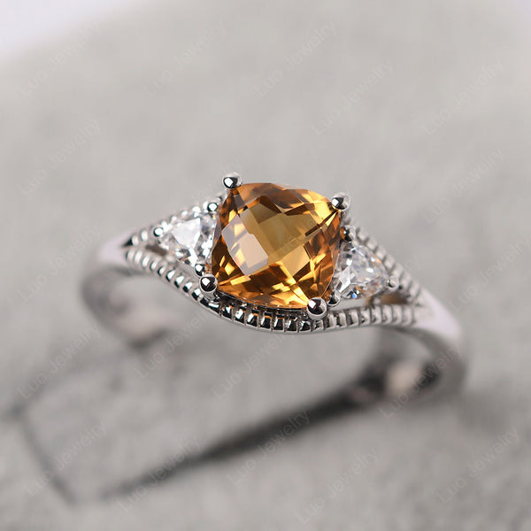 Citrine Three Stone Cushion Cut Ring | LUO