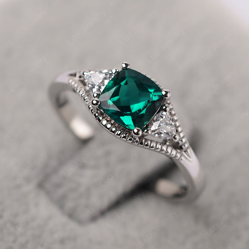 Vintage Lab Emerald Ring With Trillion Side Stone - LUO Jewelry