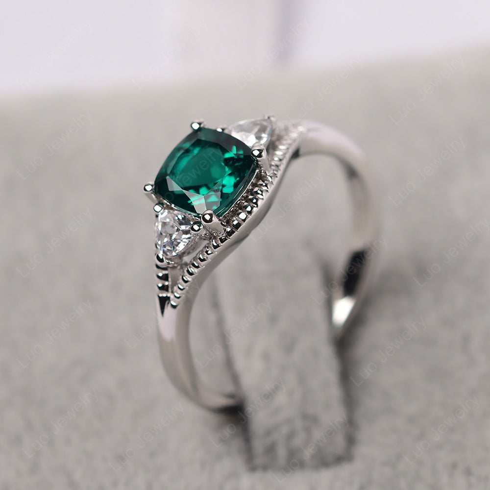 Vintage Lab Emerald Ring With Trillion Side Stone - LUO Jewelry