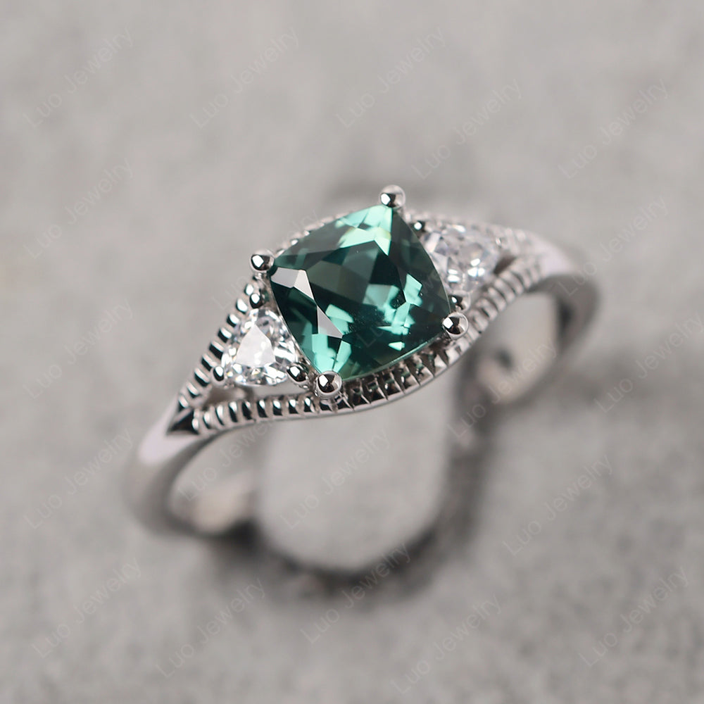 Vintage Green Sapphire Ring With Trillion Side Stone - LUO Jewelry