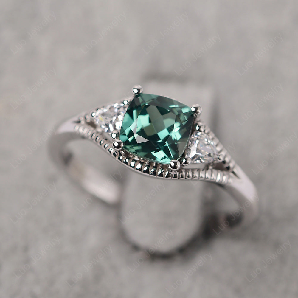 Vintage Green Sapphire Ring With Trillion Side Stone - LUO Jewelry