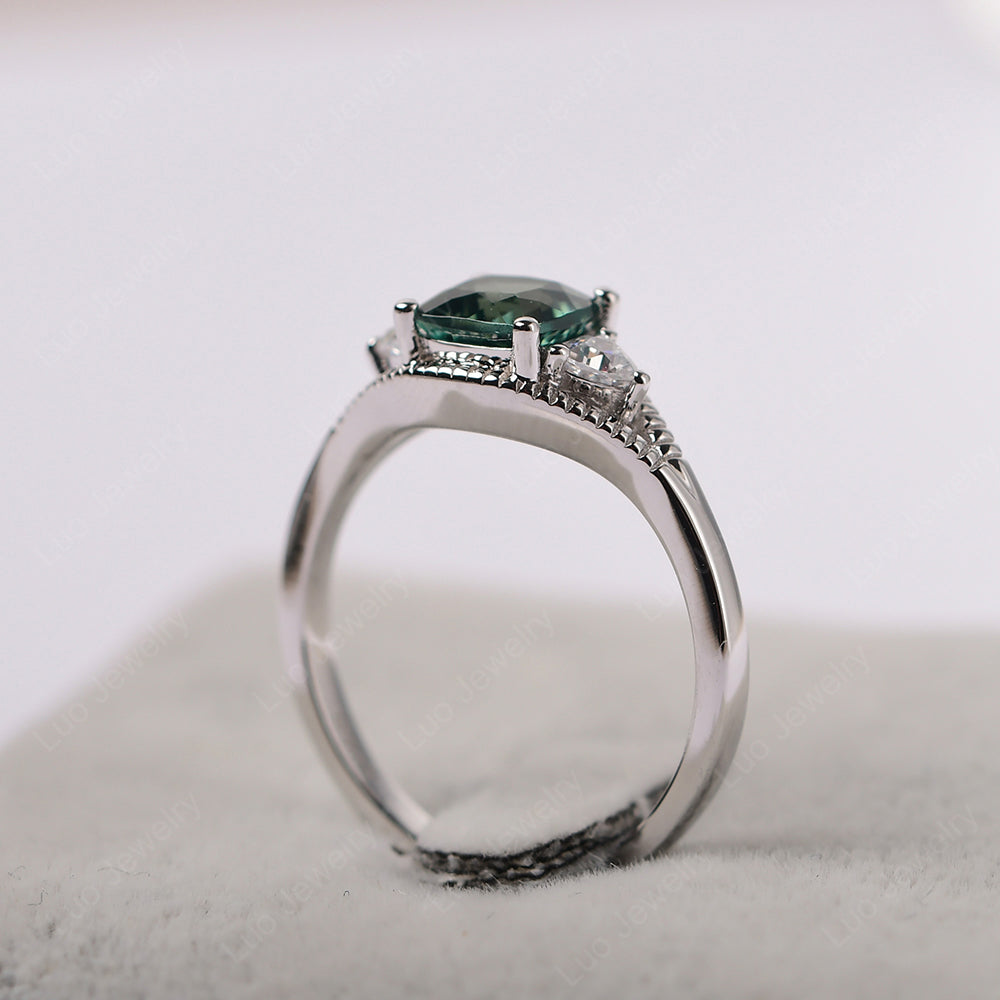 Vintage Green Sapphire Ring With Trillion Side Stone - LUO Jewelry