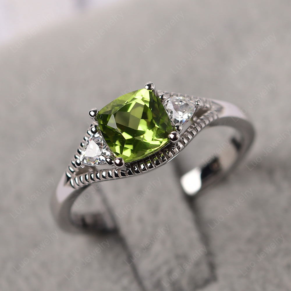 Vintage Peridot Ring With Trillion Side Stone - LUO Jewelry