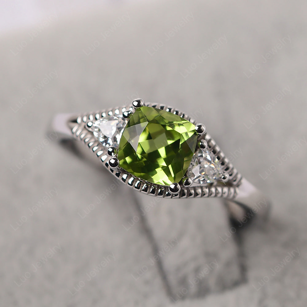 Vintage Peridot Ring With Trillion Side Stone - LUO Jewelry