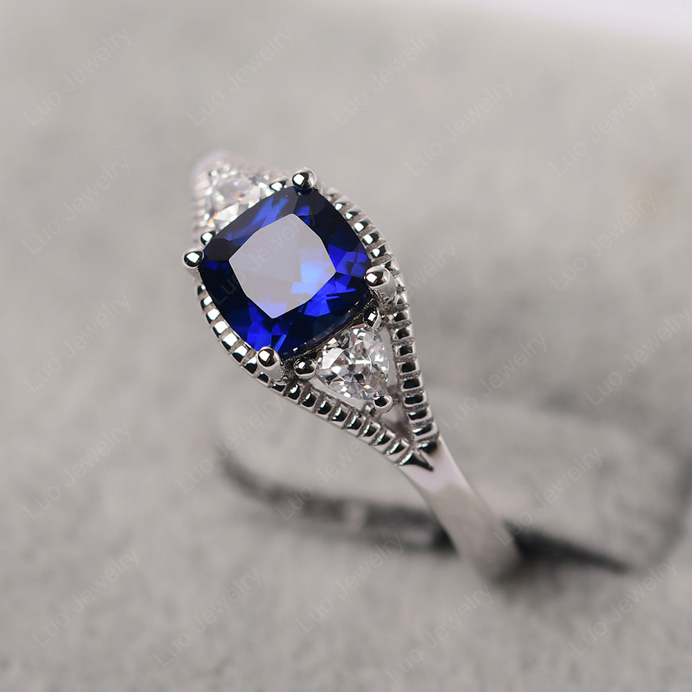 Vintage Lab Sapphire Ring With Trillion Side Stone - LUO Jewelry