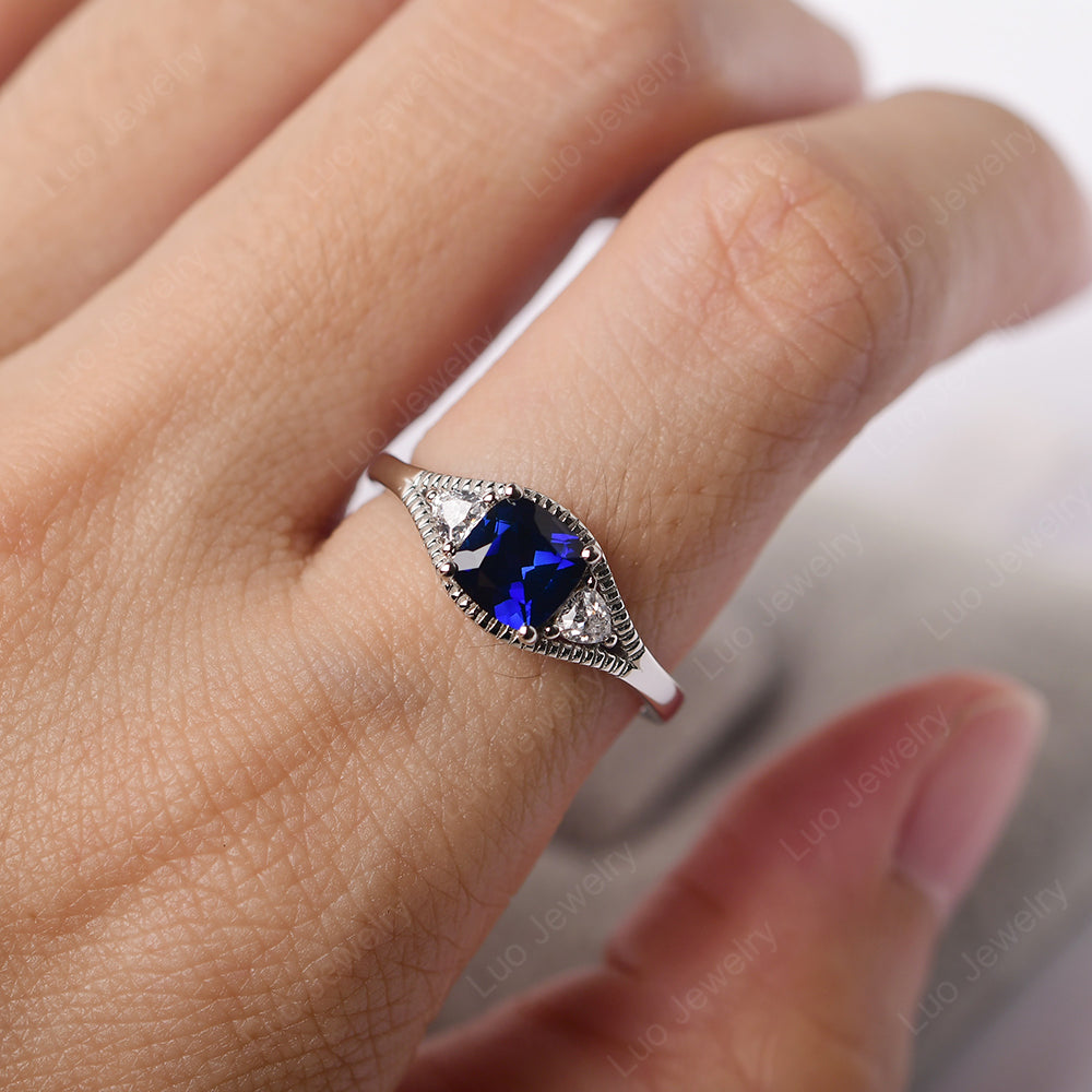 Vintage Lab Sapphire Ring With Trillion Side Stone - LUO Jewelry