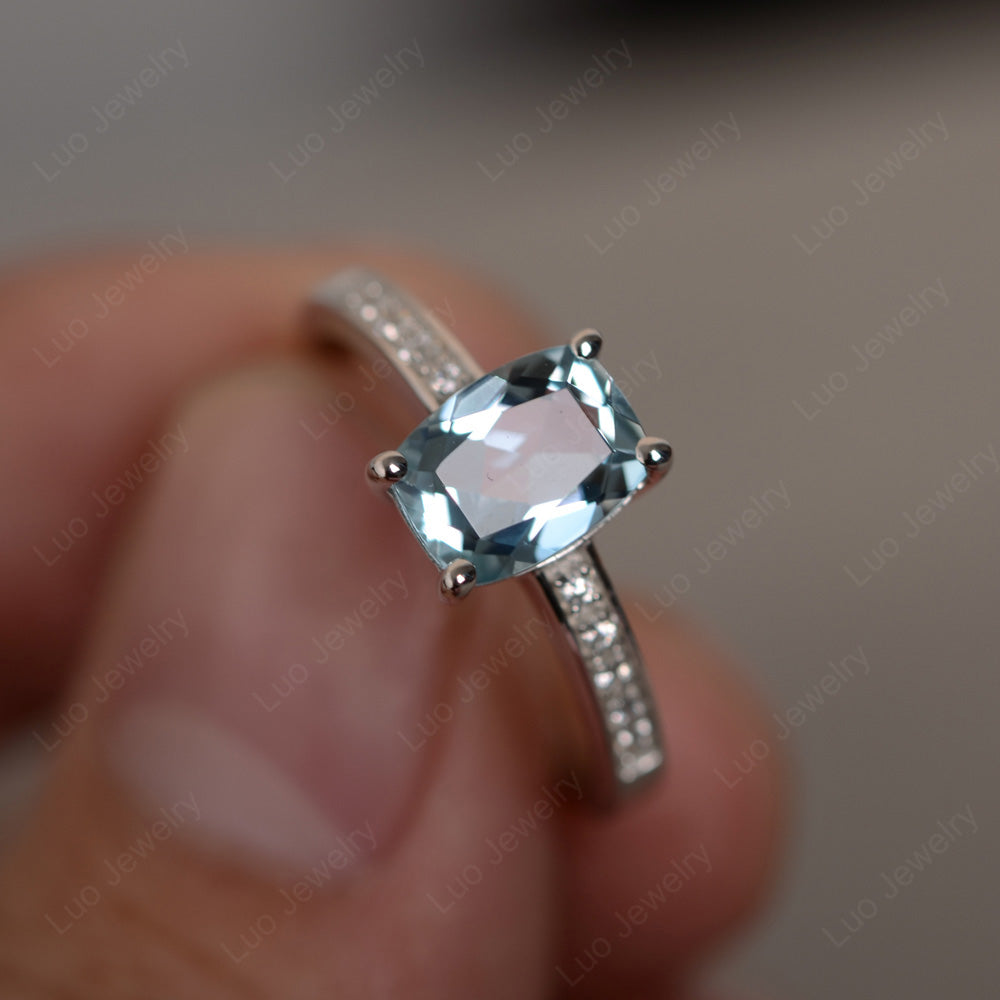 Elongated Cushion Cut Aquamarine Promise Ring - LUO Jewelry