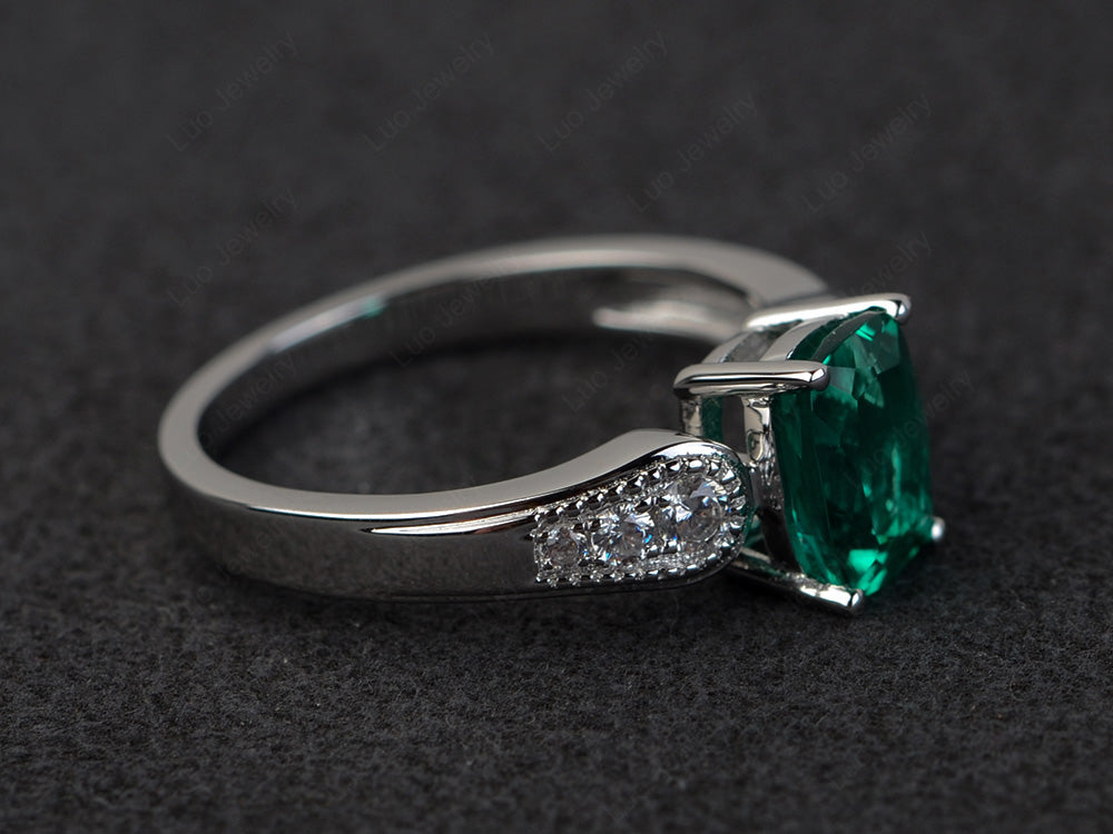 Vintage Cushion Cut Lab Emerald Engagement Ring - LUO Jewelry