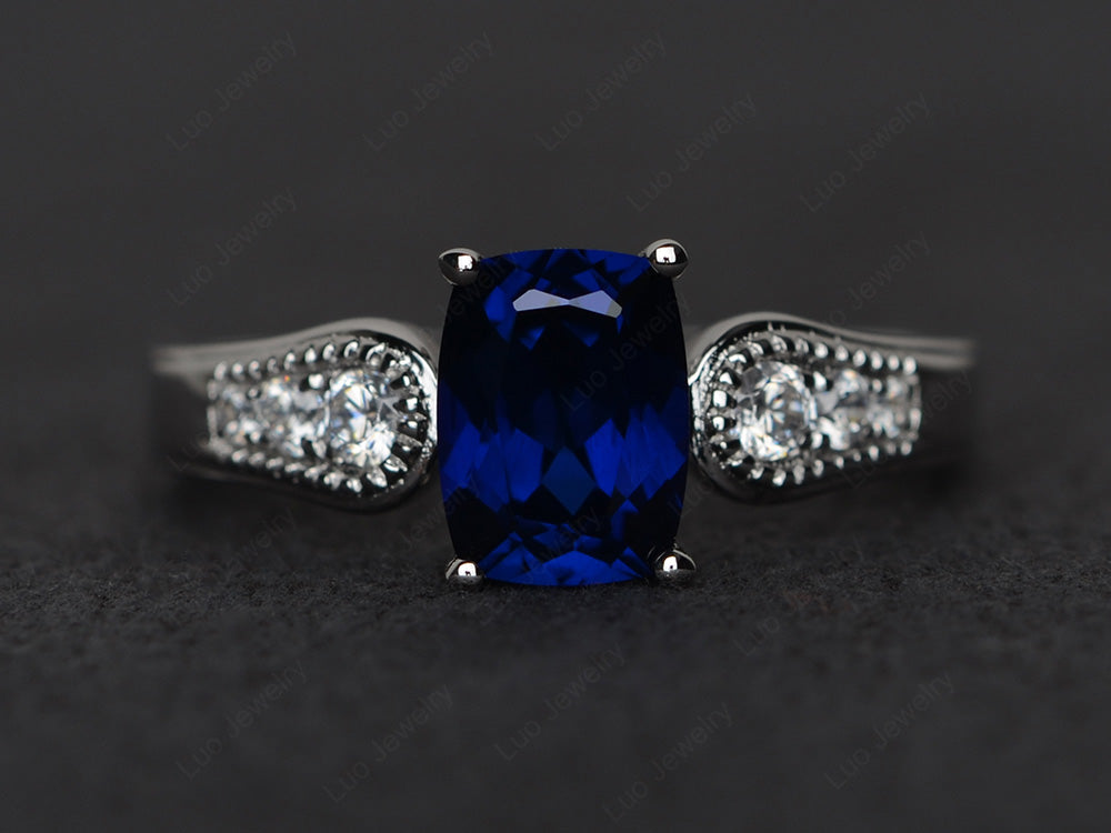 Vintage Cushion Cut Lab Sapphire Engagement Ring - LUO Jewelry