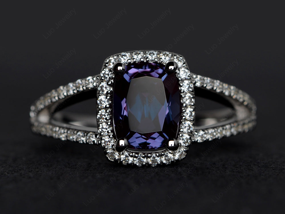 Cushion Cut Alexandrite Ring Split Shank Halo Ring - LUO Jewelry