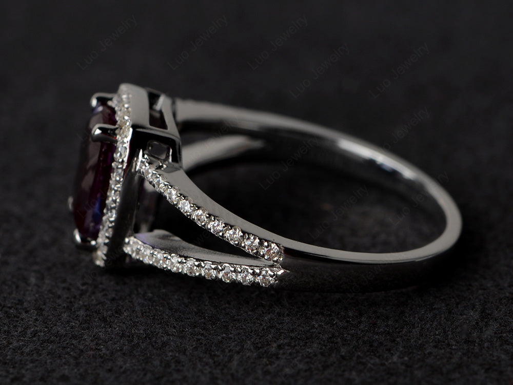 Cushion Cut Alexandrite Ring Split Shank Halo Ring - LUO Jewelry
