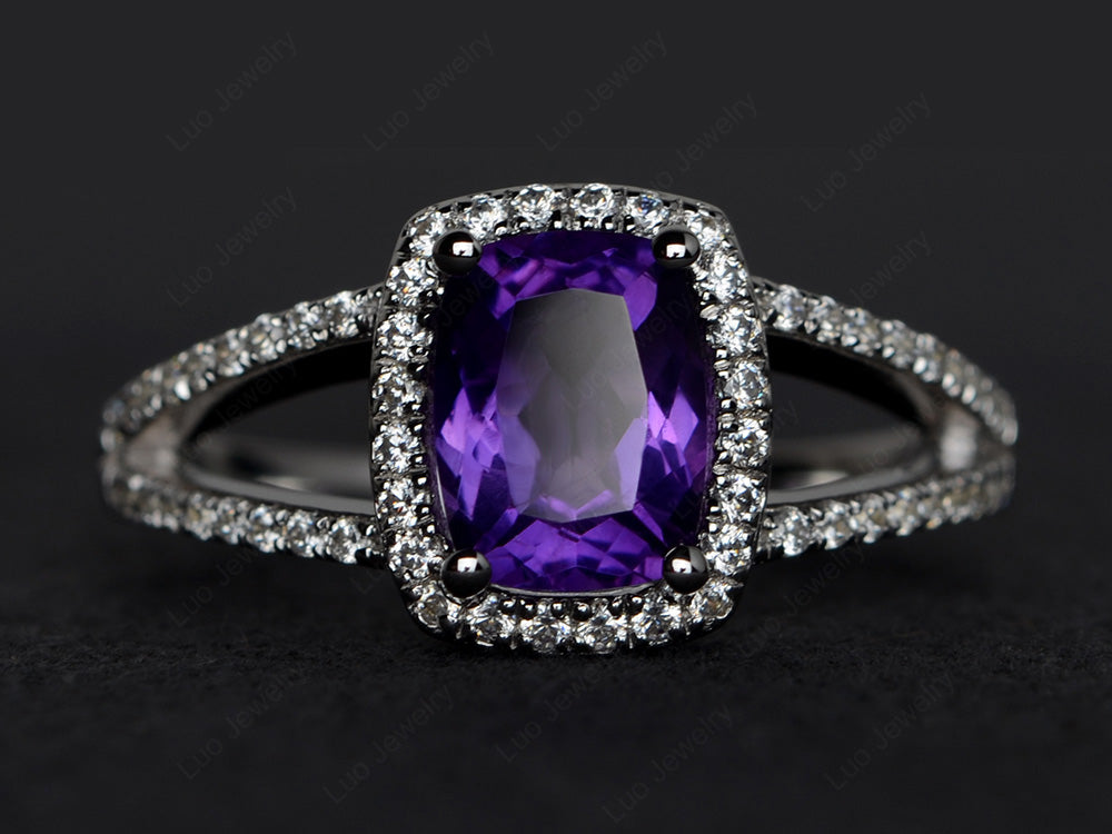 Cushion Cut Amethyst Ring Split Shank Halo Ring - LUO Jewelry