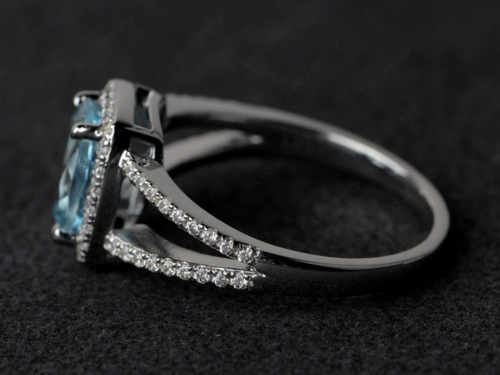 Cushion Cut Aquamarine Ring Split Shank Halo Ring - LUO Jewelry