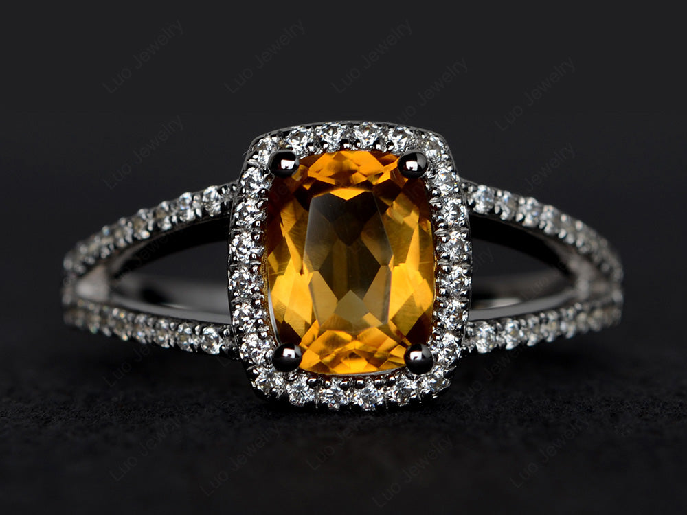 Cushion Cut Citrine Ring Split Shank Halo Ring - LUO Jewelry