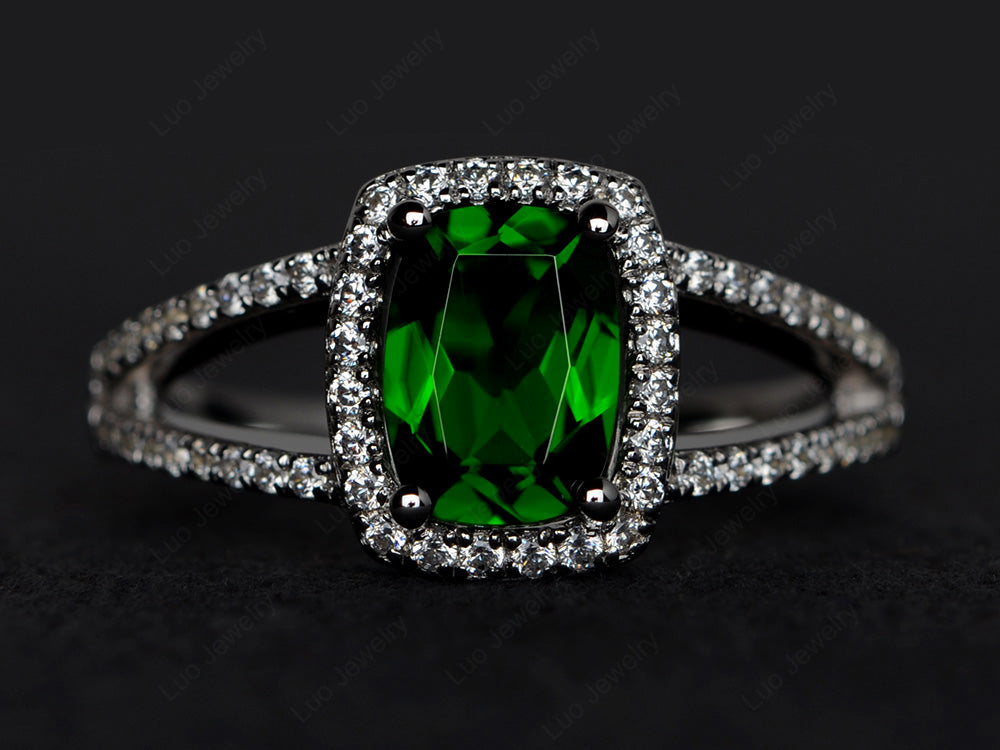 Cushion Cut Diopside Ring Split Shank Halo Ring - LUO Jewelry