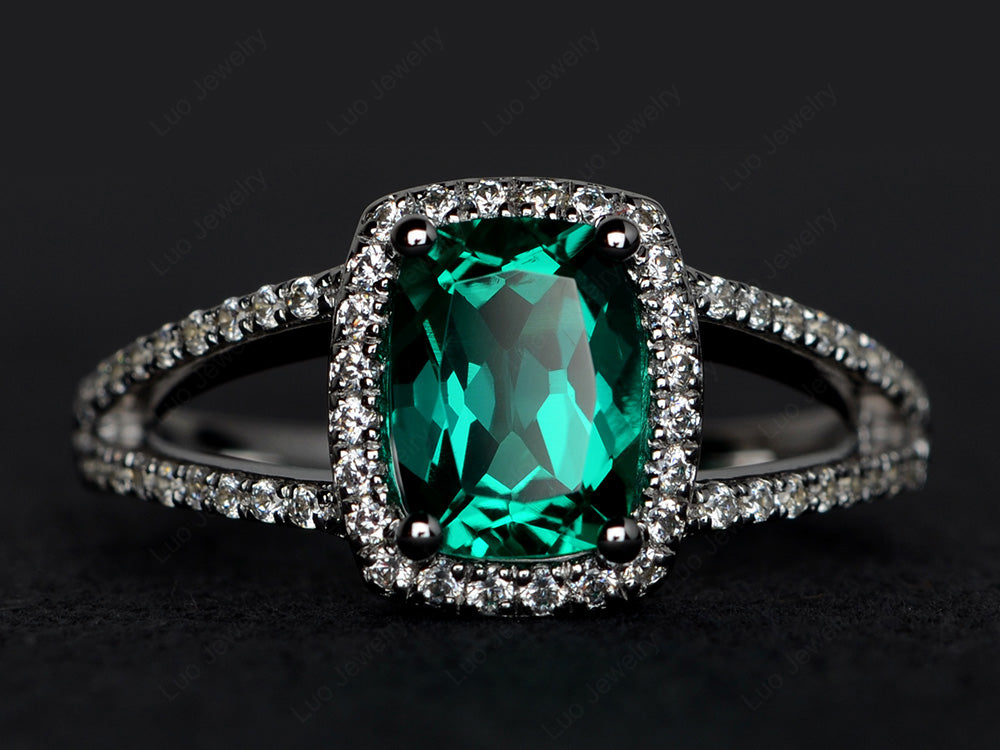 Cushion Cut Lab Emerald Ring Split Shank Halo Ring - LUO Jewelry