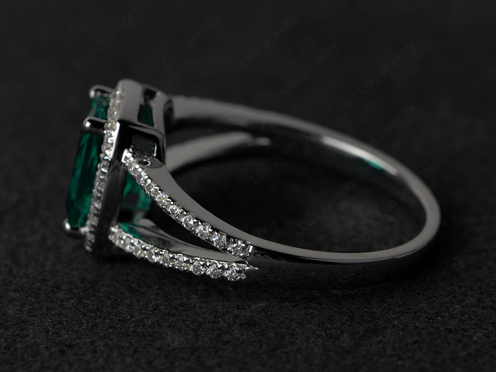 Cushion Cut Lab Emerald Ring Split Shank Halo Ring - LUO Jewelry