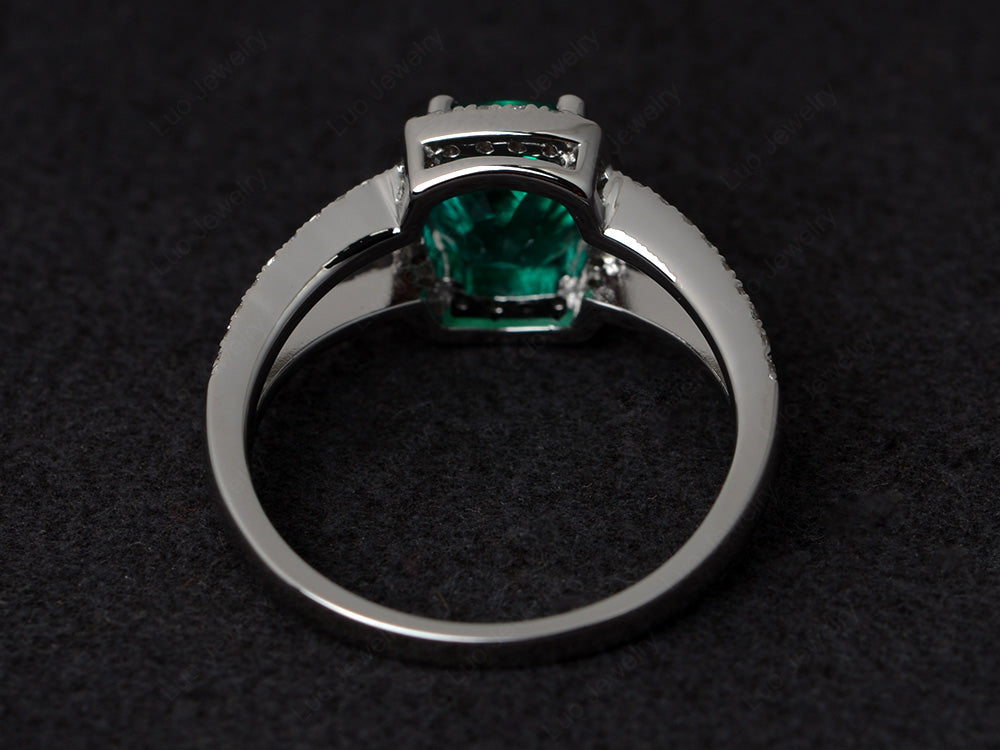 Cushion Cut Lab Emerald Ring Split Shank Halo Ring - LUO Jewelry
