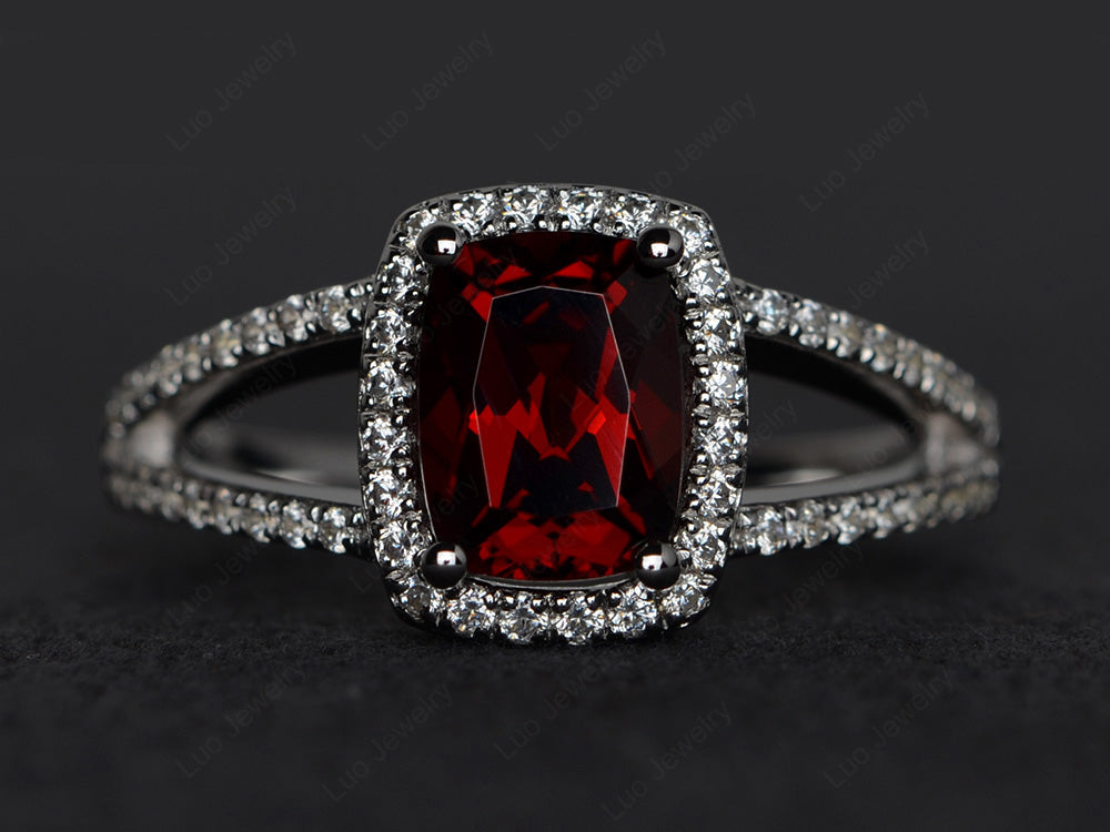 Cushion Cut Garnet Ring Split Shank Halo Ring - LUO Jewelry