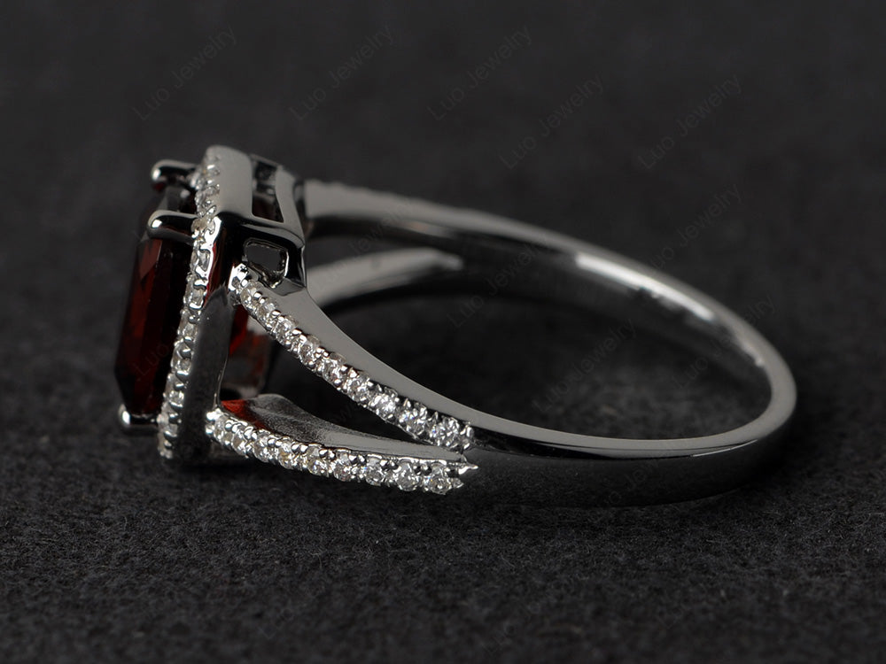 Cushion Cut Garnet Ring Split Shank Halo Ring - LUO Jewelry